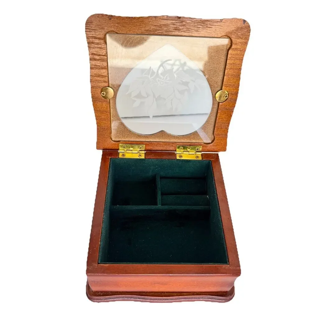 Vintage Dark Wood Jewelry Box with heart shaped glass panel